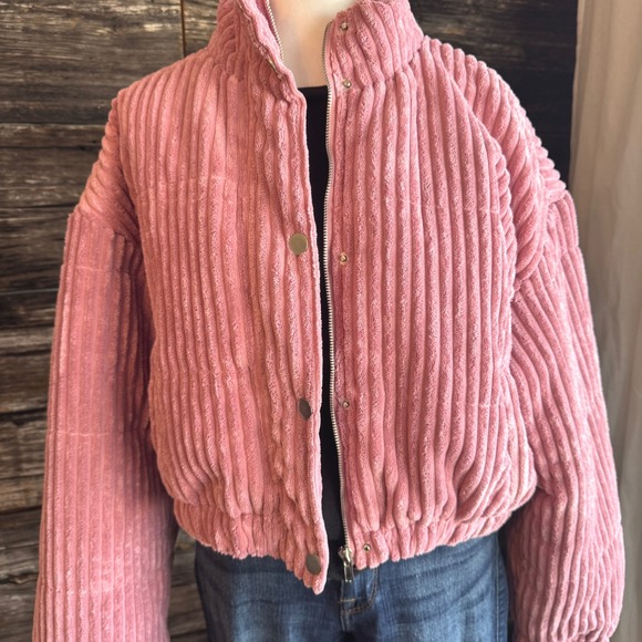 Le Lis Pink Corduroy Ribbed Cropped Jacket Womens Large Zip Snap - Picture 3 of 16